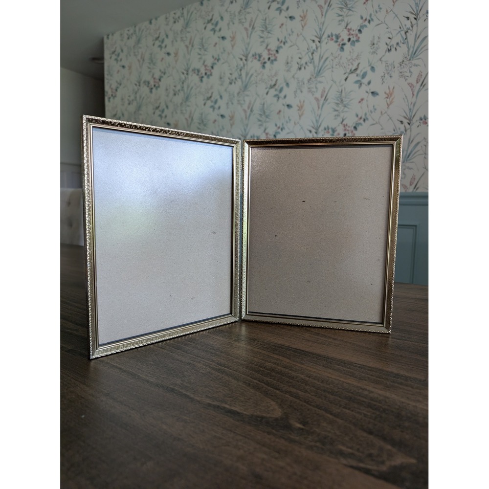 Vintage Gold Double Folding Picture Frame 8x10 Brass Ornate Bi-fold Hinged Metal